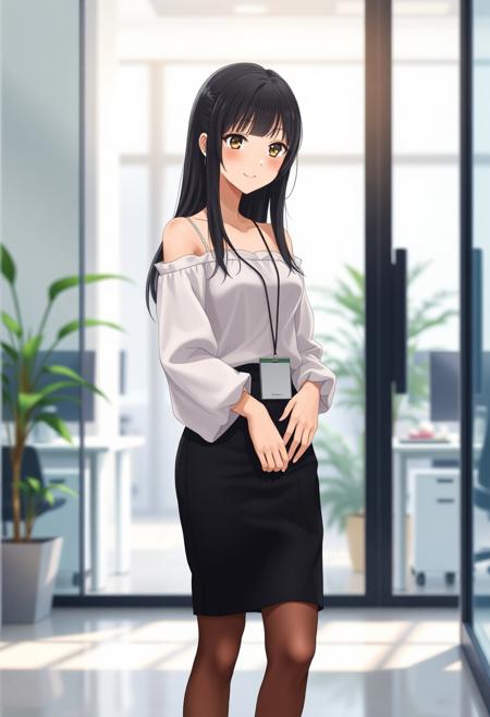 Anime-style shy and beautiful young female secretary standing in a modern office during the day. She has long, smooth black hair and gentle eyes, looking slightly down with a shy smile. She wears an elegant off-shoulder summer blouse without straps, with long flowing sleeves, slightly sheer and soft, tucked into a fitted black pencil skirt that ends just above the knees. She also wears thin, transparent black stockings and modest black heels. A small ID badge hangs subtly at her waist, adding to her reserved posture. Her cheeks are slightly flushed, giving a blushing expression as she stands near the office entrance, uncertain where to go. Background includes bright natural lighting, indoor plants, office desks, and soft shadows. The overall tone is warm and welcoming, with a soft-focus anime style and subtle bokeh effect in the background. Full-body composition, delicate lighting, cinematic mood.