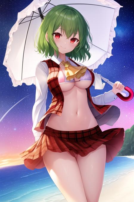 masterpiece, best quality, highres, solo, {night:1.10}, {starry sky:1.10}, beach, beautiful detailed sky, {extremely detailed background:1.20}, {kazami_yuuka_touhou:1.10}, {standing:1.10}, looking at viewer, {bikini:1.30}, green_hair, short_hair, red_eyes, plaid, vest, smile, flower, breasts, plaid_vest, ascot, umbrella, light smile