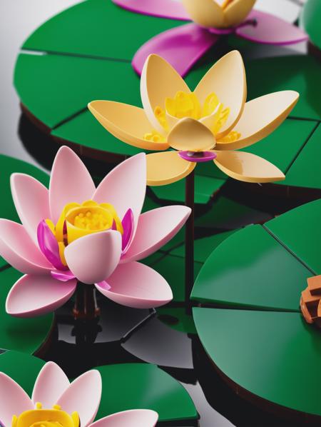 LEGO Creator, a close up of lotus and leaves in water <lora:lego_v2.0:0.8>, masterpiece, high detail, 8k, high detailed skin, 8k uhd, high quality