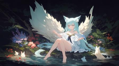 1girl, solo, dragon wings, dragon tail, tail, long hair, side up, one side up, black background, enchanted forest, nature, trees, dryad, fox ears, animal ear fluff, flowers, active pose, full body, flower hair, bright color hair, glowing hair, divine, goddess, barefoot, doll face, upturned eyes, long eyelashes, animals, birds, sitting, looking away, glowing water, middle of a lake, flower bed, wisps, night, petite