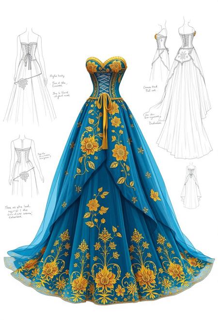 The design shown in the image features a majestic, flowing gown with intricate golden floral embroidery on a sheer blue fabric. The gown has a corset-style bodice with a sweetheart neckline, accented with delicate tassels draping from the waist. The layered skirt fans out, adding volume, while the embroidery continues to the hem. The sketches in the background suggest meticulous craftsmanship and attention to detail in the gown's structure, with diagrams showcasing its various angles and embellishments.