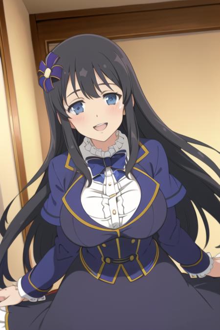 best quality, masterpiece, 1girl, ryouki \(senran kagura\), senran kagura, long hair, very long hair, black hair, blue eyes, breasts, large breasts, huge breasts, facing viewer, looking at viewer, pov, blush, happy, smile, open mouth, capelet, blue capelet, frills, frilled collar, bowtie, black bowtie, dress, blue dress, black dress, long dress, long sleeves, blue sleeves, gold trim, hair ornament, hair flower, standing, indoors, spread arms, dated, dutch angle, leaning forward, cowboy shot, simple background,