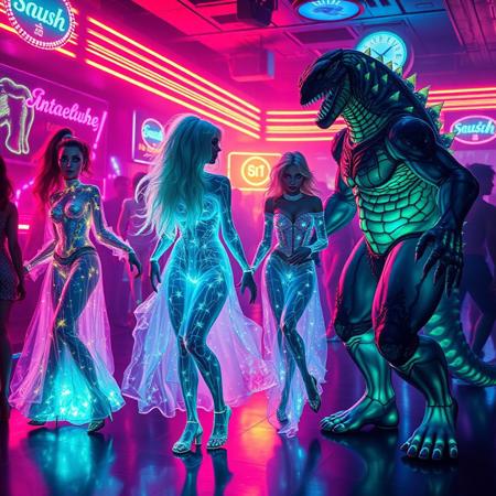 A vivid, cinematic strip club scene, illuminated by the pulsating neon lights that cast an ethereal glow on the bioluminescent patrons. In the center of this vibrant tableau, a stunning 32k masterpiece unfolds in a series of manga panels, each depicting a unique transformation sequence of five female Archaea and five male Kaiju. The females, with their translucent bodies revealing intricate bioluminescent veins, wear shimmering glass-like robes that seem to shatter and reassemble as they dance, each movement creating mesmerizing patterns of light. Their male counterparts, the protozoan Kaiju, stand tall and powerful, their bioluminescence glowing in stark contrast to their rugged, monstrous forms. The club is alive with the electric energy of 16k hyper-realistic, animated figures moving in the background, all sharing the same translucent, neon aesthetic.