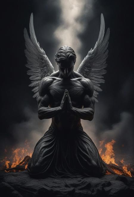 Kneeling Man Angel Praying in a Fire Landscape, 
Glowing Background, 
Masterpiece, 
Best Quality, 
Super Detailed, 
High Resolution, 
Very Detailed, 
8k Ultra High Definition, 
Realistic, 
(Natural Light), 
Stunning, 
Fine Details, 
Very Good, 
High quality, 
RAW photo, 
black and white still, 
digital Art, 
perfect composition, 
beautiful detailed intricate insanely detailed octane render trending on artstation, 
8 k artistic photography, 
photorealistic concept art, 
soft natural volumetric cinematic perfect light, 
chiaroscuro, 
award - winning photograph, 
masterpiece, 
oil on canvas, 
raphael, 
caravaggio, 
greg rutkowski, 
beeple, 
beksinski, 
giger