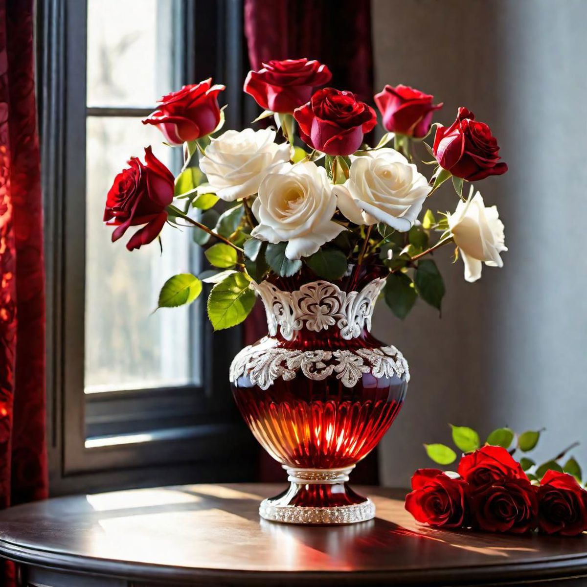 A vase filled with red and white roses sitting on a table.