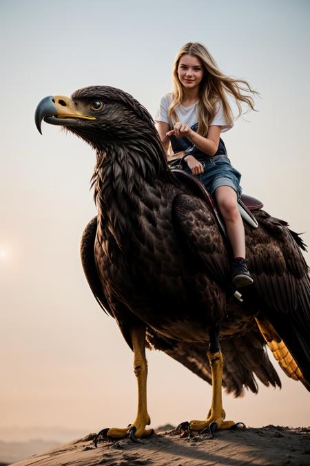 full body,photo of a 18 year old girl,riding on a oversized eagle,flying,happy,looking at viewer,ray tracing,detail shadow,shot on Fujifilm X-T4,85mm f1.2,sharp focus,depth of field,blurry background,bokeh,lens flare,motion blur,<lora:add_detail:1>,