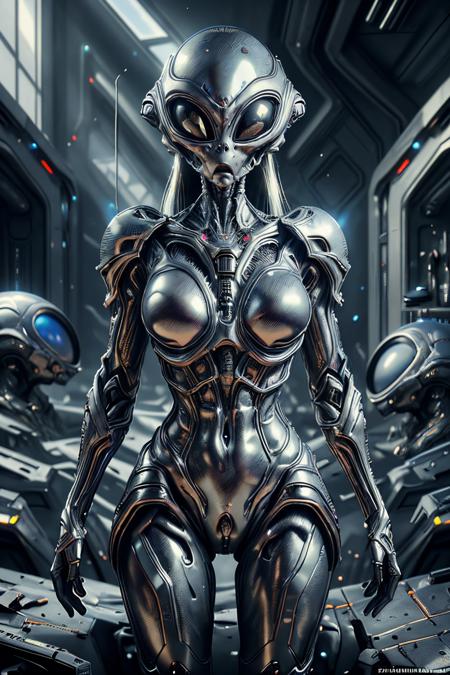 full body shot, masterpiece, best quality, (photorealistic:1.4), a photo of a woman, wearing black alienzkin war armour, (white alienzkin helmet:1.2), futuristic weapon room, war worn equipment <lora:ral-alienzkin-sd15:1>