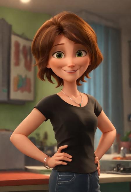 auntcass, 1girl, brown hair, short hair, solo, black shirt, necklace, green eyes,  jeans, bracelet