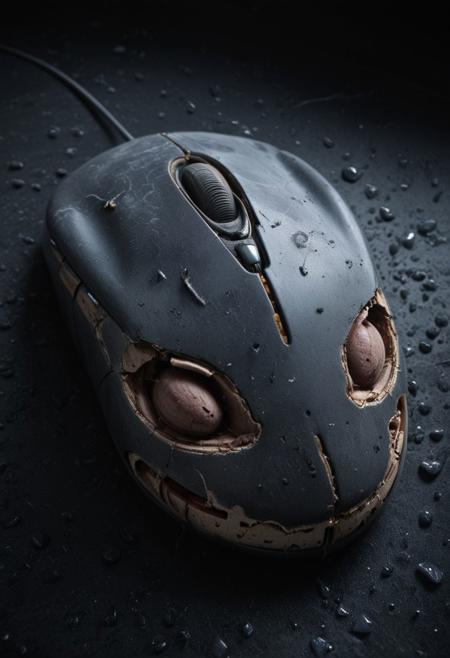 8K, high resolution, high detail, 
smooth, hyper realistic, fine skin texture, Closeup, 3d depth of field Simulation, a closeup of an old android mouse, large ears, fragile and broken, outworn smile, storm, depth of lenticular, dramatic, bold lines async, deep blacks, illuminated from behind, holy Aura, Long dense grown river