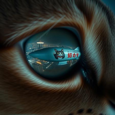 extreme close up portrait of a cat's eye reflecting the a futuristic Tokyo skyline at night from a very high level, the skyline is with futuristic skyscrapers and futuristic transports and futuristic aircraft and spaceships in a variety shapes and sizes, the airships covered with lights and advertisements in Japanese,  reflecting in the cat's eye is a huge airship that has an advertisement with a Japanese cat on the side, the cat's eye has takes up 85% of the image, the cat's pupil is wide to take in the dark sky,