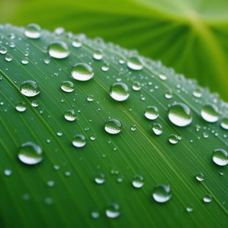 rolling water drops, round leaves, motion blur,close-up, extremly detailed