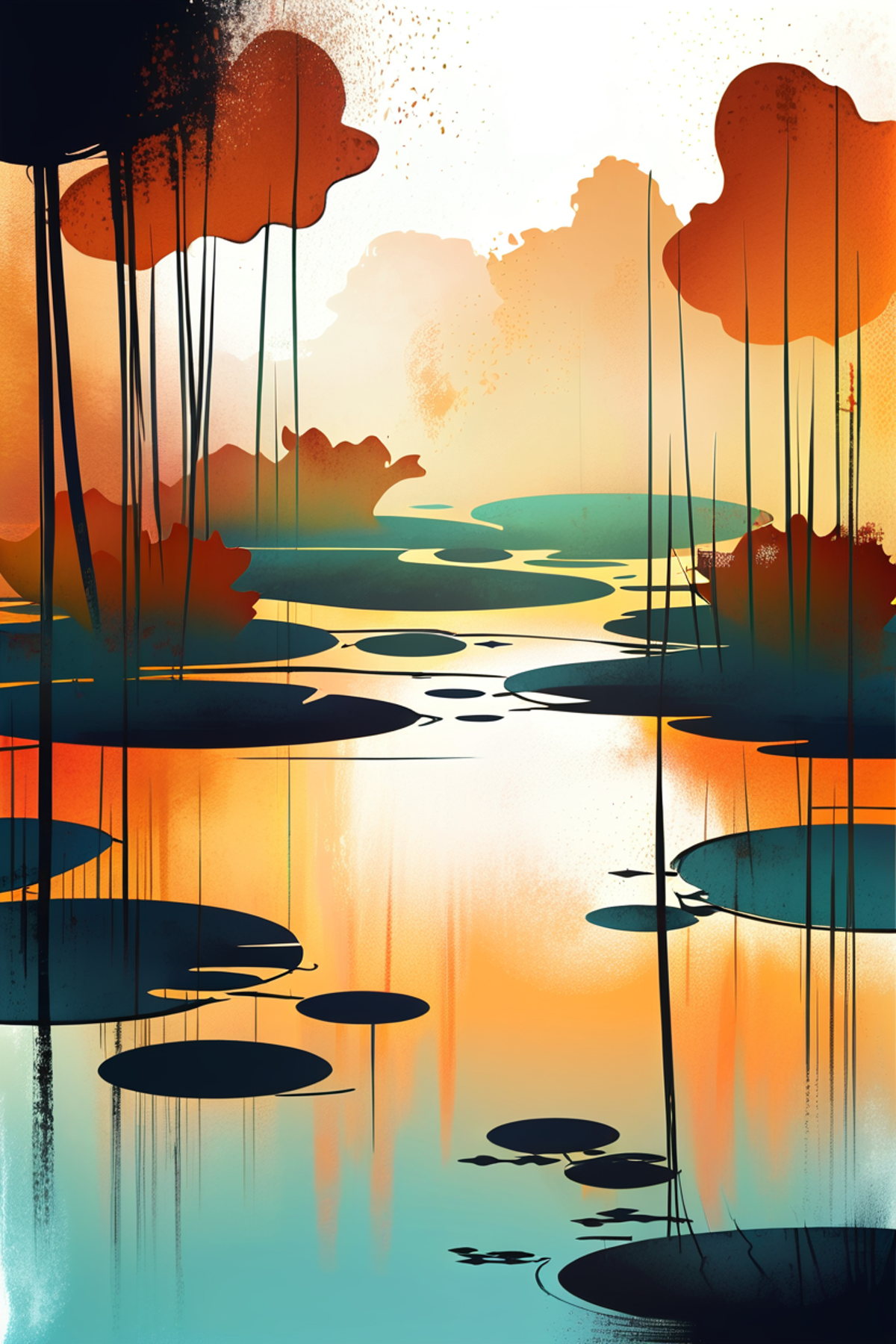 A painting of a swampy river filled with lily pads and surrounded by trees.