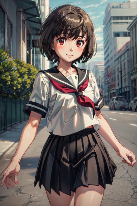 1girl, (masterpiece:1.3), (high resolution), (8K), (extremely detailed), (4k), (pixiv), perfect face,  (best quality), (super detailed), (solo), (textured skin:1.3),aico tachibana, black hair, short hair,red eyes, school uniform, serafuku, black skirt, pleated skirt, short sleeves, scenary: outdoors, ruins, mold, plants, dynamic pose, smile, post-apocalyptic, <lora:aico_tachibana-09:0.8>, <lora:more_details:0.6>