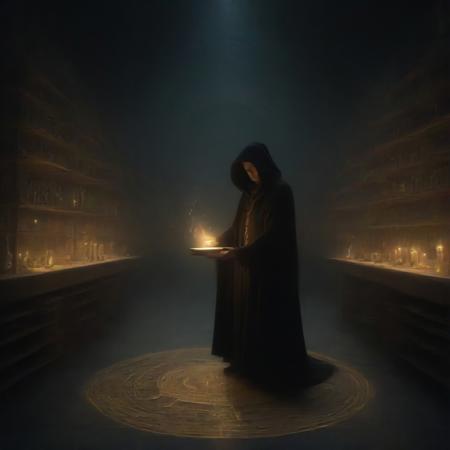An arcane alchemist stands at the center of a gothic-style laboratory, surrounded by shelves filled with ancient tomes and glowing elixirs. The figure wears a long, dark robe, adorned with intricate gold embroidery and mystical symbols. From their hands, streams of glowing energy swirl, forming alchemical symbols in mid-air. Their face is partially obscured by a hood, but a pair of glowing eyes pierce through the shadows. The laboratory is dimly lit by flickering candles and glowing crystals, casting eerie reflections on the dark stone floor. Dust particles float in the air as the figure continues their arcane rituals. Highly detailed and cinematic, merging gothic fantasy with the aesthetics of alchemy and dark magic, inspired by classic fantasy concept art.
