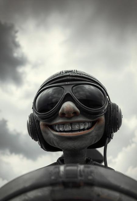 Character in the style of Gorillaz's Demon Days album|grey sky background|stark contrast|((pilot helmet))|eyes covered with dark glass frame|(stylized:1.5). Big mouth, smiling, wide smile, 
Riding plane, cloudy sky, grey sky, dark cloud.
masterpiece, best quality, detailed, realistic, 8k UHD, high quality, lifelike, precise, absurdres, rendered in a cinematic, HDR style, 8K resolution
masterpiece, best quality, detailed, realistic, 8k UHD, high quality, lifelike, precise, vibrant, absurdres, SimplepositiveXLv1, sfw <lora:xl_more_art-full-beta1:0.7>