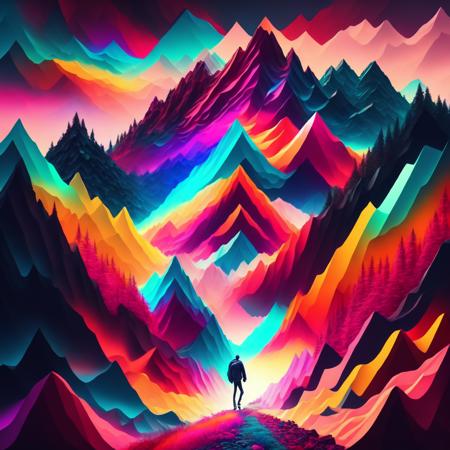 (neonpeaks style:1) a man is walking through a colorful mountain scene <lora:djzNeonPeaksV21_LoraBooth:1>