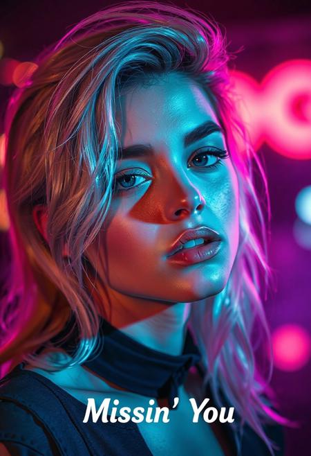 high quality design aesthetics, disco, synth pop, detailed, pop album cover, beautiful young white woman, artist name "WonkyPop", album title "Missin' You"