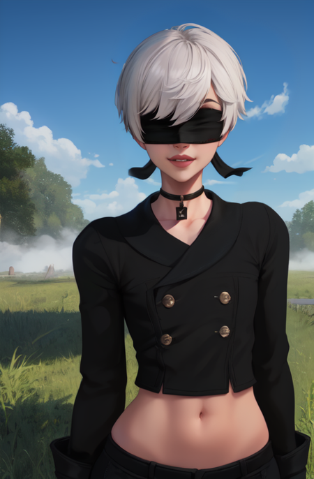 Yorha white hair,black blindfold,short hair,black choker, lips, mole under mouth,
 upper body, smile, upper body,  midriff peek,  hips,  arms behind back,  
black gloves,long sleeves, black short  shorts, black jacket,buttons,
deserted school yard, fog, grass, (insanely detailed, beautiful detailed face, masterpiece, best quality)
<lora:Yorha9s-10v7:0.8>