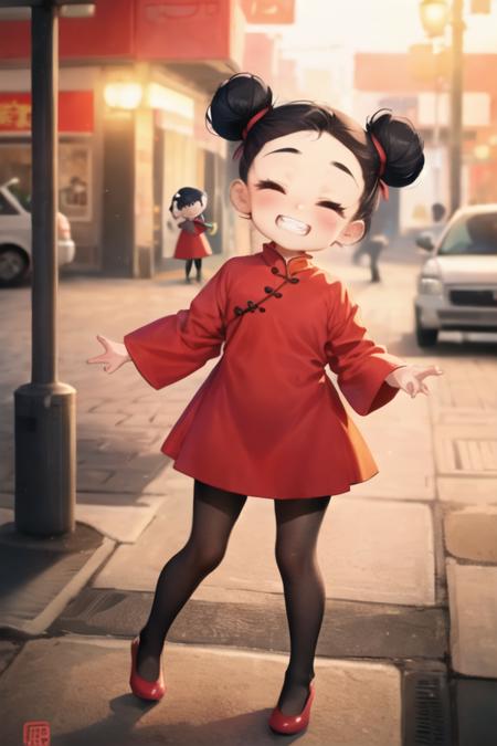 chibi, pucca, double bun, red dress, chinese clothes, black pantyhose,closed eyes, smile, clenched teeth, city <lora:pucca-000003:1>