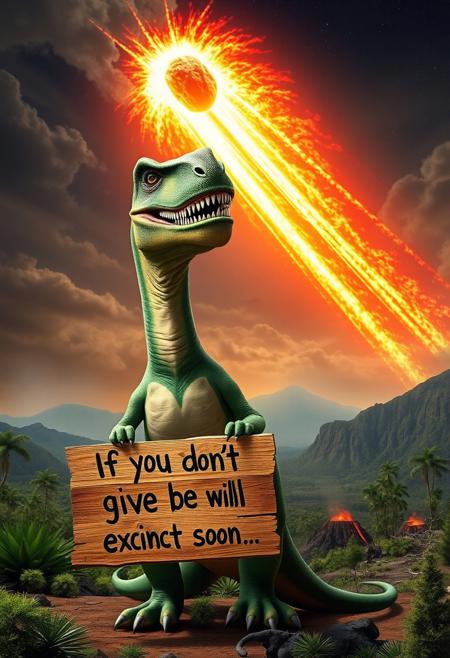 “A glorious T-Rex standing upright, looking absurdly majestic yet goofy, with a ridiculous, stoned-like smile. It’s holding a hand-painted wooden sign that reads: ‘If you don’t give me buzz, I will be extinct soon…’. The prehistoric landscape features lush greenery and smoking volcanoes, but dominating the background is an enormous, fiery asteroid streaking through the sky, trailing a vivid tail of smoke and flames. The asteroid looms menacingly, its trajectory clearly aimed at Earth, creating a dramatic yet humorous contrast with the oblivious T-Rex’s carefree expression.”