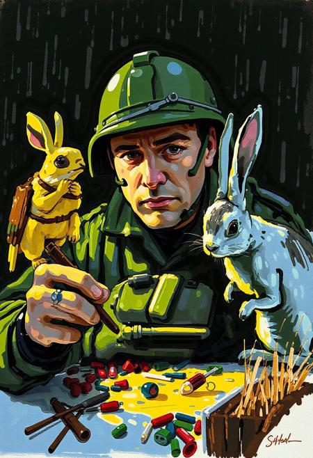 round brush drawing, intensifying made of tortoise in a derisive, misconceives, churning butter, late afternoon, with a military 50s helmet, with tank parts in his shell fighting in WWII with birds with plane parts, rabbits with train parts and moles with scavenger parts
