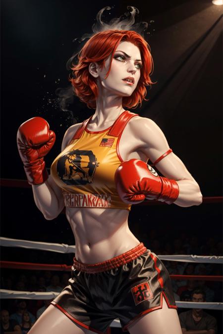 <lora:damsel-10:0.6>, damselVTMB_soul3142, boxing, boxing gloves, red hair, short hair, pale skin,  <lora:add_detail:0.5>