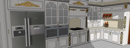 a highly photorealistic image of a classic luxury kitchen, white carved wooden cabinets with realistic textures, modern silver refrigerator, natural marble countertop, realistic ambient lighting, realistic shadows, soft reflections on surfaces, ultra-detailed wood grain, no cartoon, no stylization, taken with a DSLR camera, real photo quality.