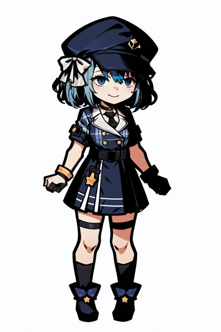 <lora:clear_LimbusCompany-fight:1>, 1girl, solo, hoshimachi suisei, virtual youtuber, blue hair, hat, crown, blue eyes, side ponytail, gloves, plaid headwear, full body, beret, thighhighs, socks, asymmetrical legwear, plaid, looking at viewer, star (symbol), white background, simple background, choker, single thighhigh, blue socks, medium hair, partially fingerless gloves, smile, black gloves, belt, uneven legwear, grey headwear, ribbon, thigh strap, kneehighs, black footwear, hair between eyes, single sock, buttons, jewelry, standing, mismatched legwear, skirt, blue nails, double-breasted, bangs, mini crown, single kneehigh, plaid skirt, necktie, bracelet, dress, bow, hair ribbon, closed mouth, symbol in eye, blue choker, star in eye