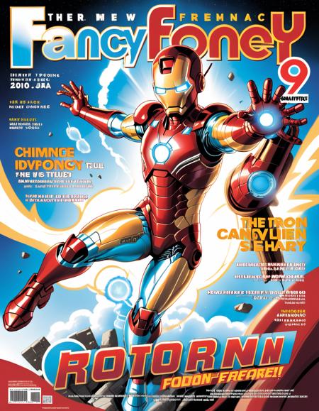 Design a dynamic fan-made comic book cover with Iron Man as the protagonist, themed for the Fancy Frontier event. The cover showcases Iron Man in a heroic pose, taking flight with repulsors at full blast, set against a clean, stark white background to make the character stand out. The title 'FancyFrontier' is emblazoned across the top in bold, futuristic lettering, with the number '99' prominently displayed in a corner, symbolizing the issue number. The overall aesthetic blends classic comic book vibrancy with a modern, polished look. Add subtle hints of light blue and silver to reflect Iron Man's iconic suit colors, giving a sense of depth and technology, <lora:twanimax:0.7>,