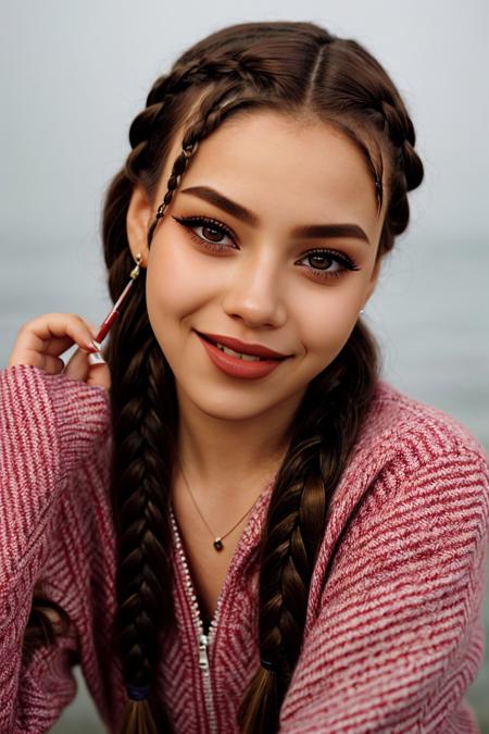 photo of <lora:sd15_ShaelahMcGilton_v1-000018:.9> ShaelahMcGilton lipstick invisible makeup wing eyeliner, focus on eyes, close up on face, laughing, wearing jewelry, hair styled herringbone braid,