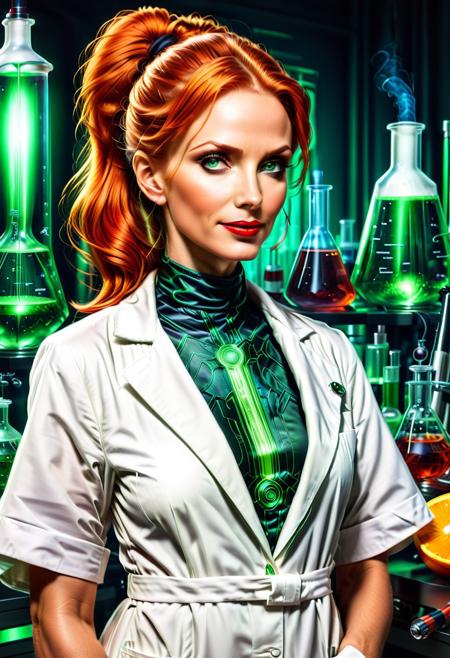 Necron, electricity, green glow, green theme, (red:1.6), (close up:1.6), Stable_Yogis_PDXL_Positives, (Victorian blouse), Realism_Quality_2xx_By_Stable_Yogi, (anatomically correct:1.6), photo, photo_realistic, 1girl, mature_woman, European, 27 years old, parted_lips, choker, seductive smile, sultry, serious stare, stern look, close-up, eye shadow, makeup, milf, mature female, pureerosface_v1, Expressiveh, intricate_details_xl, natural skin, realistic, hands out of view, red lipstick, makeup, long ponytail, streaked hair, Orange hair, black streaks in her hair, long side bangs, black highlights in bangs, thick lips, mega ponytail, big hair, tall, natural blue eyes, high neck closure, fitness body, toned muscles, high cheekbones, solo, (fully dressed:2), high turtle neck, outdoors, (hands hidden:1.7), short sleeves, closed dress, high neck closure, gentle smile, closed mouth, short puffy sleeves, (laboratory:2), big fluffy hair in all directions, add-detail-xl, (white lab coat:2), (hurut).