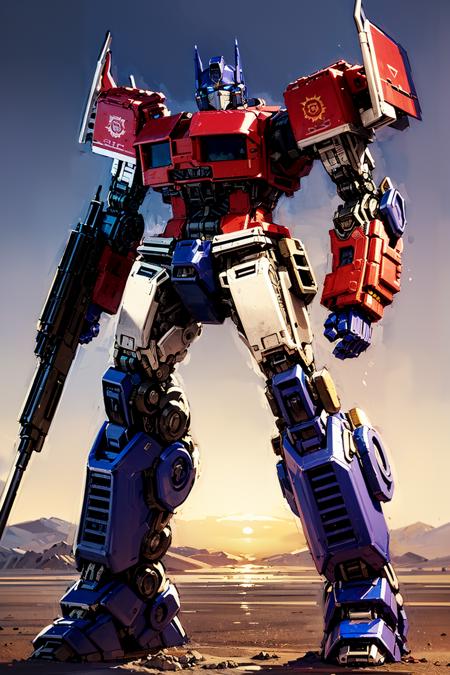 1boy, no humans, full body of optms, glowing eyes, blue eyes, holding weapon, cannon, arm cannon, mecha, robot, desert, sun, volumetric lighting, best quality, masterpiece, hand painted textures, intricate details, retro artstyle <lora:sxz-Optimus-Prime:0.7>