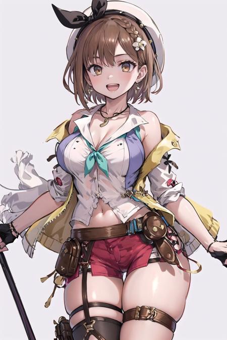 atelier_ryza, 1girl, solo, looking at viewer, smile, short hair, open mouth, large breasts, simple background, brown hair, shirt, hair ornament, thighhighs, gloves, hat, navel, cleavage, bare shoulders, brown eyes, jewelry, jacket, white shirt, braid, thighs, earrings, open clothes, shorts, sleeveless, belt, fingerless gloves, necklace, short shorts, sleeveless shirt, skindentation, thigh strap, beret, white headwear, thick thighs, single thighhigh, brown gloves, pouch, partially fingerless gloves, brown belt, key, yellow jacket, red shorts, sleeveless jacket, key necklace