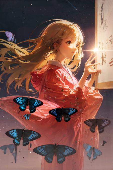 masterpiece, best quality, extremely detailed, detailed background, detailed face, 1girl, butterfly, long hair, bug, solo, kimono, japanese clothes, blue butterfly, blonde hair, star (sky), night, sky, brown eyes, starry sky, night sky, floral print, pink kimono, floating hair, bangs, long sleeves, holding, closed mouth, shiny, glowing, overexposure, light particles, sunlight, sparkle,