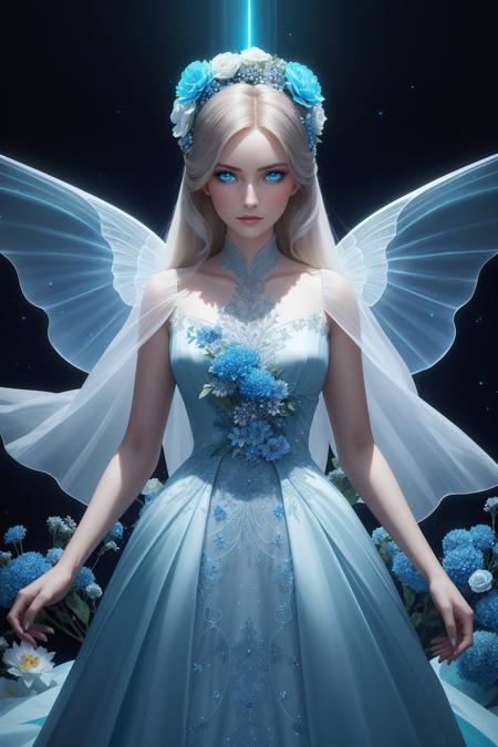 concept art, a portrait of a stunning woman, wearing a silk dress, flowers, elegant, bright, flirtatious, bioluminescence, wings, detailed skin, beautiful detailed face, light blue eyes, intricate background,