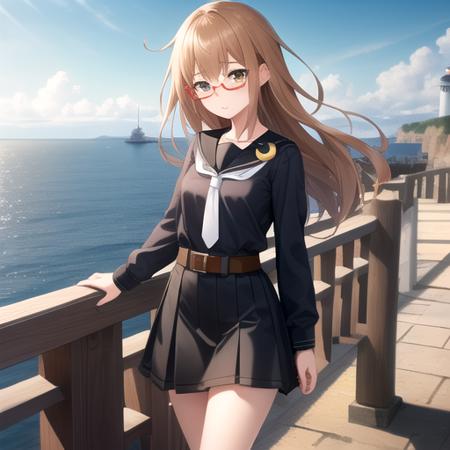 ((masterpiece)),(best quality),official art,extremely detailed CG,unity 8k wallpaper,ultra detailed,A lighthouse on a cliff by the sea,1girl,solo,cowboy shot,glasses,brown_hair,long_hair,black_shirt,school_uniform,brown_eyes,skirt,serafuku,red-framed_eyewear,crescent_pin,long_sleeves,white_socks,white_necktie,belt,looking_at_viewer,loafers,<lora:Mochizuki(kan)>,