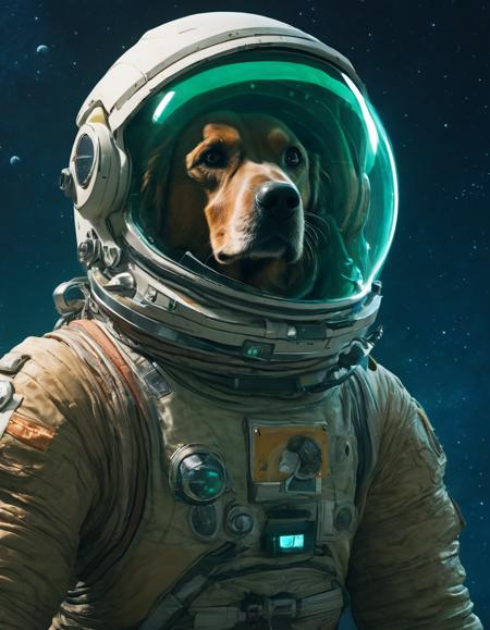 hard surface shape form exploration, detailed, artstation, 8 k, sci - fi, pastel colors, props, panel, concept, simon stalenhag, in watercolor gouache detailed paintings, moebius, blueprint, building, modular, speeder, vehicles, pod racer, spaceship space-themed In a stunning image, a brave canine astronaut dons a sleek spacesuit as it gracefully hovers above the Earth. Against the backdrop of the vast cosmos, the dog's suit gleams with a futuristic metallic sheen, reflecting the starlight. Its helmet, equipped with a sleek glass visor, offers a mesmerizing view of the blue planet below. The dog's paws are splayed out, effortlessly propelling it through the weightless environment. The vibrant blue and green hues of Earth create a captivating contrast with the endless expanse of space. The image is captured with remarkable clarity and precision, showcasing intricate details of the spacesuit's technology and the dog's unique anthropomorphic charm. It encapsulates a sense of adventure and wonder, inspiring awe in viewers worldwide. . cosmic, celestial, stars, galaxies, nebulas, planets, science fiction, highly detailed