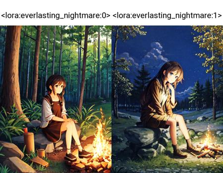 <lora:everlasting_nightmare:0>, digital art, a girl sits on a rock next to fire, looking at campfire