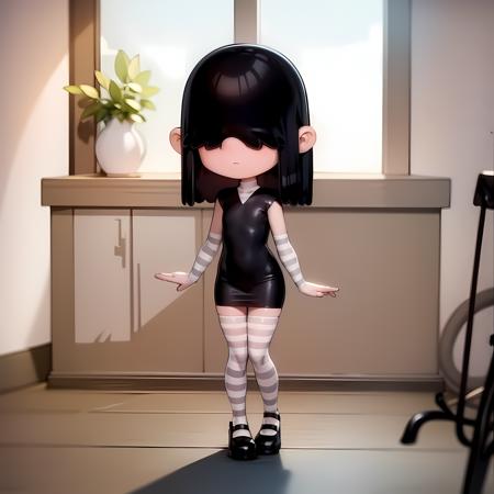 ((masterpiece, best quality)),(complex light), 1girl ,solo, full body, lucy loud, <lora:lucy_loud1-10:0.8>   , hair over eyes,  black dress, striped pantyhose