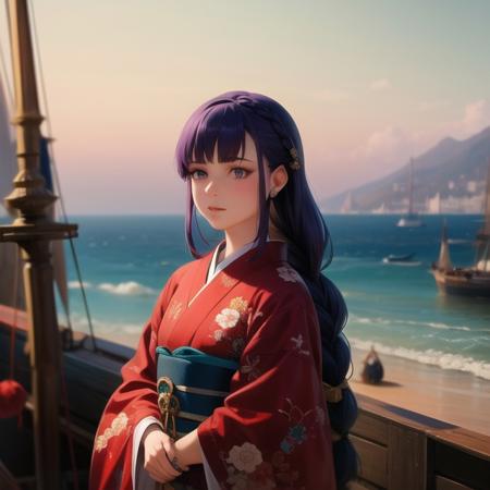 <lora:aivazay1-000020:1>, aivaz, by ivan aivazovsky, 1girl, blunt bangs, braid, wide sleeves, hair ornament, japanese clothes, red obi, (purple hair:1.2), very long hair, straight hair,highly detailed background, detailed eyes, red eyeshadow, depth of field, symmetry eyes, boat at ocean, cleavag5, light particles,