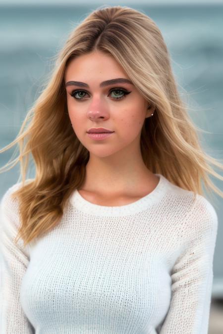 a stunning young woman on the beach at midnight, in a white knitted sweater, waves in background, dark night, upper body, [stunning eyes], (close up), perfect face, raw, 8k uhd, <lora:nicolaPeltz:1>