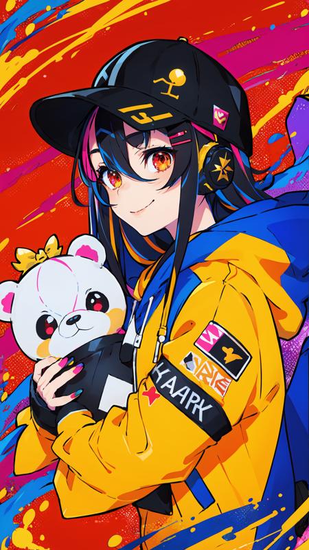 (masterpiece, high quality, highres,illustration),1girl, teddy bear, baseball cap, hat, solo, stuffed animal, stuffed toy, smile, long hair, hood down, jacket, hood, headphones, closed mouth, purple hair, long sleeves, fingernails, nail polish, sleeves past wrists, looking at viewer, multicolored eyes, bangs, hooded jacket, yellow nails, red jacket, multicolored nails, hair ornament, object hug, blush, red nails, white headwear, upper body, purple eyes, claw pose, heart, black headwear, hand up, bow, hoodie, hairclip, nail art, button badge, very long hair, hair between eyes, orange nails, puffy long sleeves, puffy sleeves, black bow, badge, holding, drawstring, red eyes, pink nails, star (symbol), multicolored hair, blue nails, holding stuffed toy, lightning bolt symbol, colorful, looking to the side
 <lora:tutu's Vibrant Colors:0.75>