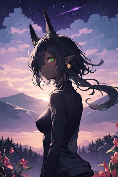 1girl, green eyes, pointy ears, elf, dark skin, breasts, dark-skinned female, ass, black hair, dark elf, large breasts, solo, long hair, jewelry, bracelet, snake, looking at viewer, hair over one eye, ear piercing, outdoors, earrings, nature, parted lips, looking back, piercing, from behind, flower, forest, tree ,solo, sky, blue eyes, short hair, camera, outdoors, sweater, cloud, holding, black hair, holding camera, scenery, mountain, upper body, sunset, bangs, shirt, looking away, collared shirt, long sleeves, sunrise, twilight, star (sky), wind 
//,
///////////  <lora:netural-000193:1>