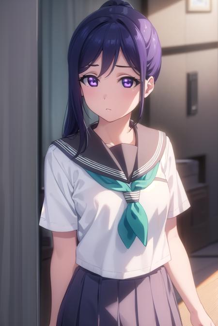 kananmatsuura, <lora:kanan matsuura s2-lora-nochekaiser:1>,
kanan matsuura, long hair, blue hair, (purple eyes:1.1), ponytail, sidelocks,
BREAK skirt, school uniform, short sleeves, pleated skirt, serafuku, socks, neckerchief, kneehighs, black socks, green neckerchief, grey skirt, uranohoshi school uniform,
BREAK indoors, classroom,
BREAK looking at viewer, (cowboy shot:1.5),
BREAK <lyco:GoodHands-beta2:1>, (masterpiece:1.2), best quality, high resolution, unity 8k wallpaper, (illustration:0.8), (beautiful detailed eyes:1.6), extremely detailed face, perfect lighting, extremely detailed CG, (perfect hands, perfect anatomy),