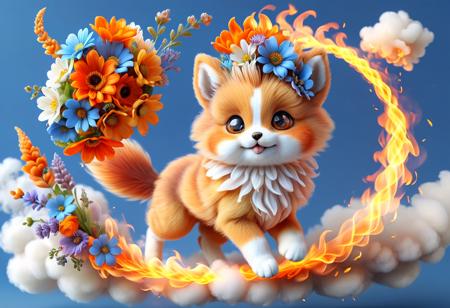 running in circles away from the fire coming from its tail,
steam and flames rising,
muted colours
flowerart, flower, <lora:flower_art:1>, 
cute, tiny, kawai, furry, great face expression, dynamic pose,
burning flower crown, mane and tail erupting into white flames and steam,
floating on clouds of blue and orange flowers,
