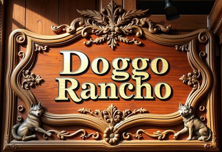 "Generate a high-resolution, full-frame image of an ornate wooden sign. The sign, styled like one from an upscale tavern or refined homestead, is entirely adorned with intricate carvings and delicate engravings. Prominently painted in the center are the words 'Doggo Rancho,' and along the edges, include small, detailed engraved images of Huskies and Shiba Inu to evoke the wild canine history of the area."