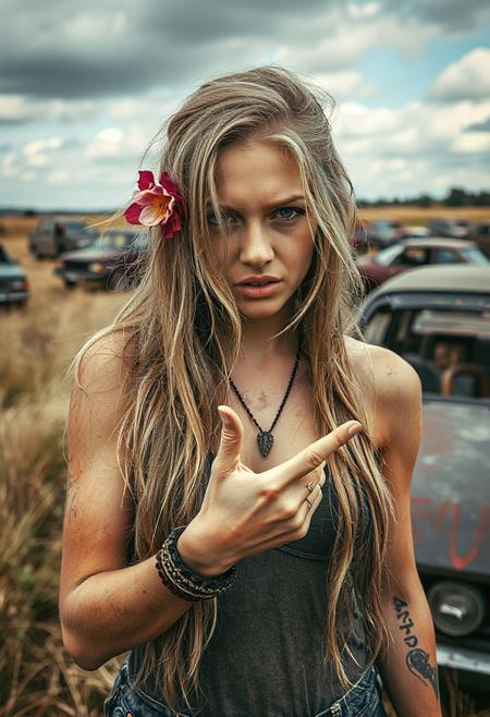 an 18 year old hippy ((slim white women)) with dirty long blonde hair () with flowers in her hair,(Hippy wrist bands) (shows his hand with a fukk) , in at a field in wood stock hands , lots of crashed cars in the background , detailed skin. () (angry),