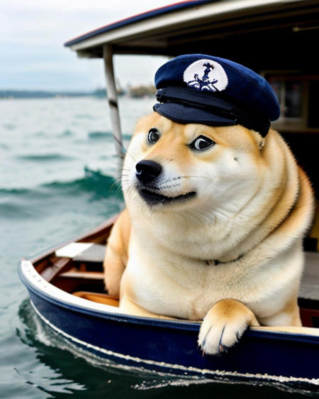 mntydoge as an old sailor on a boat far out to sea, wearing a sailor hat and navy uniform  <lora:mntydge:1>