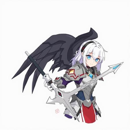 score_9, score_8_up, score_7_up, score_6_up, score_5_up, score_4_up,<lora:Fant5yP0ny:0.8>, 1girl, armor, weapon, wings, solo, shoulder armor, blue eyes, pauldrons, white hair, looking at viewer, power armor