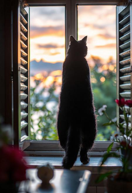 (Soft Lighting Photography by Mimoza Veliu and Mario Giacomelli:1.2), a cat perches on a windowsill at dusk. The feline, with its black fur and striking eyes, sits majestically in profile view, gazing out of the window with an expression of contemplation. The sky outside is painted with hues of orange and purple, suggesting the setting sun. The window, framed by wooden shutters, offers a view of lush greenery under the fading light of day. The cat's position on the windowsill provides a vantage point overlooking plants that seem to be in full bloom. The room is softly illuminated by the ambient light from the window, casting gentle shadows around the space. The overall atmosphere is one of tranquility and introspection, as if time has momentarily paused for this serene scene., solo, sitting, standing, tail, closed eyes, flower, outdoors, sky, day, cloud, indoors, water, from behind, blurry, tree, blue sky, no humans, window, animal, leaf, sunlight, cat, cloudy sky, plant, white flower, red flower, scenery, desk, backlighting, reflection, sunset, sun, facing away, potted plant, black cat, animal focus, twilight, evening, whiskers, gradient sky, orange sky, black fur, dusk, daisy, open window, looking outside, windowsill